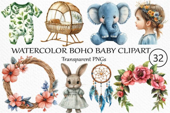 Download Watercolor Boho Baby Clipart Bundle - Boho baby clipart Collection