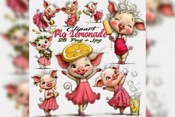 Download Whimsical Watercolor Pig Lemonade Png - Premium Bundle